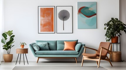colorful sofa in blue and orange in a living room, in the style of romanticized seascapes, geometric minimalistic, muted earth tones, light teal, precisionist art, minimalistic and clean