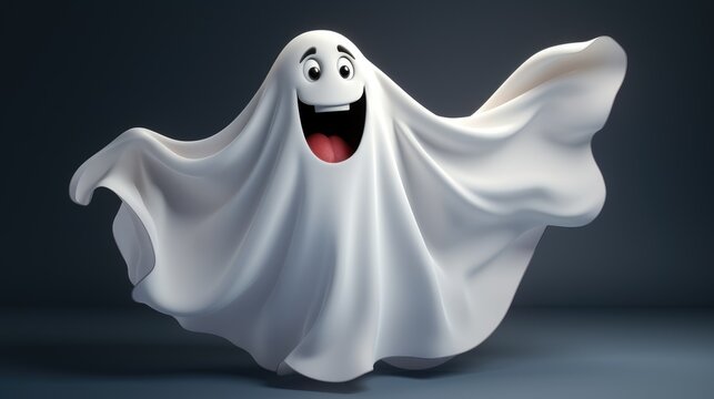 A cartoon character design of a friendly ghost with a white sheet over its head. AI Generative