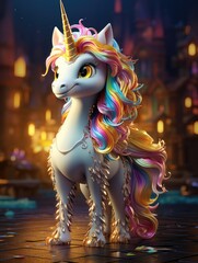 A cartoon character design of a magical unicorn with a rainbow-colored mane and tail, and a golden...