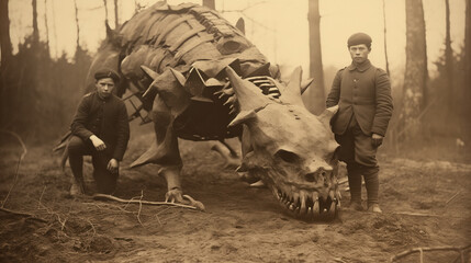 Vintage scene with two individuals and a creature.
