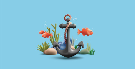 3d render illustration of underwater coral reef with fish and black sailing anchor, render cartoon diving or snorkeling composition © YarM