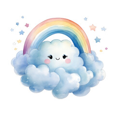 watercolour illustration, cute drawing of cloud with rainbow isolated on white background