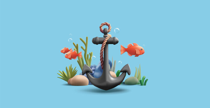3d render illustration of underwater coral reef with fish and black sailing anchor, render cartoon diving or snorkeling composition
