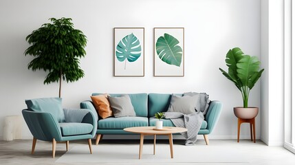 a living room with bright blue and orange furniture in a modern setting, in the style of delicate watercolor landscapes, realistic seascapes, light green and light brown, australian landscapes