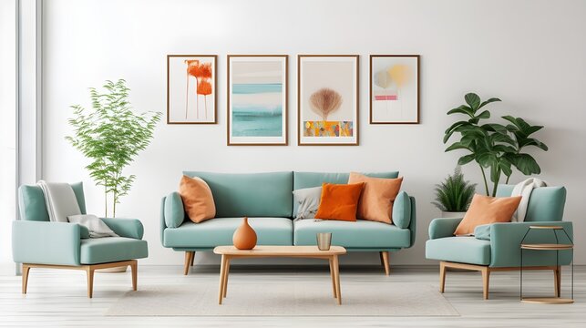a living room with bright blue and orange furniture in a modern setting, in the style of delicate watercolor landscapes, realistic seascapes, light green and light brown, australian landscapes