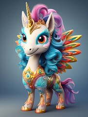 A cartoon character design of a magical unicorn with a rainbow-colored mane and tail, and a golden horn. AI Generative