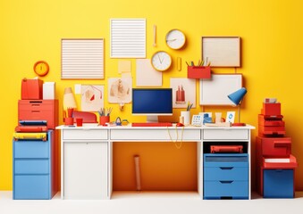 A high-key image of a clerk's desk, with vibrant pops of primary colors, creating a cheerful and - obrazy, fototapety, plakaty