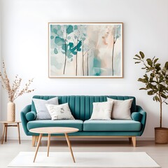 modern minimalist living room and dining room with living room chair and contemporary paintings over the sofa with teal furniture, in the style of realistic watercolors, lively nature scenes