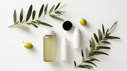 Cosmetic products with olive essential oil on light green - obrazy, fototapety, plakaty
