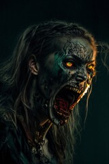 Scary zombie with bloody face outdoors, closeup. Halloween monster, ai generative