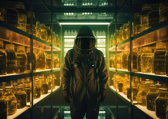 Obraz premium A high-key shot of an exterminator wearing a hazmat suit, standing in a brightly lit laboratory,