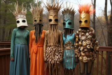 An AI illustration of four masked performers dressed up as people wearing different costumes and mas - obrazy, fototapety, plakaty