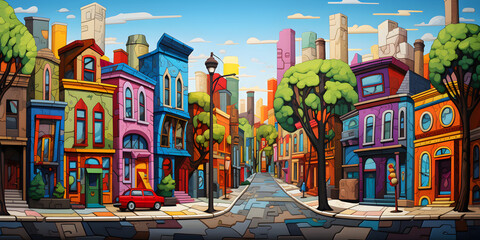colourful painting of the city streets cartoon landscape background illustration - obrazy, fototapety, plakaty