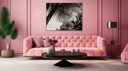 a pink couch with a flower with an elegant frame of wall art, in the style of monochromatic realism