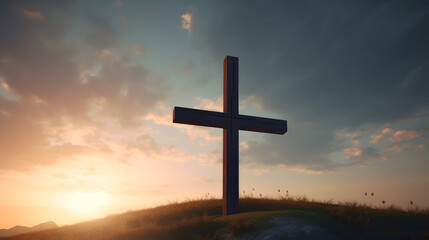 Christian wooden cross of Jesus Christ on beautiful sunset background with bright lighting. Concept banner easter resurrection. Generation AI