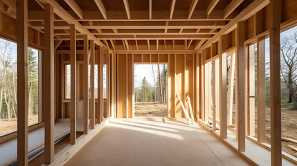 Banner construction industry wooden house. Interior frame of new wood building truss, post and beam framework