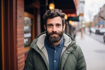 Portrait of a handsome bearded man in a green jacket on a city street