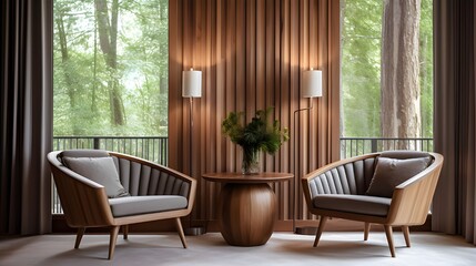 Fototapeta premium a room is divided into two small chairs and a table, in the style of precisionist lines and shapes, velvety textures, narrative paneling, subtle, earthy tones, dynamic lighting, rounded, wood