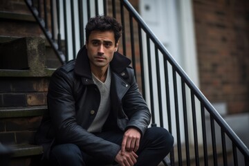 young handsome fashion model man with dark hair in urban background sitting on stairs