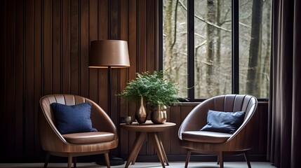 Fototapeta premium a room is divided into two small chairs and a table, in the style of precisionist lines and shapes, velvety textures, narrative paneling, subtle, earthy tones, dynamic lighting, rounded, wood