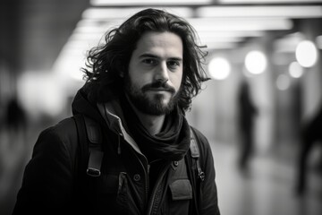 Portrait of a handsome young man with long curly hair, wearing a black leather jacket, standing in an underground passage, looking at the camera.