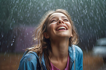 Lovely Close Up of a Joyful Woman Enjoying a Warm Rainfall Generative AI