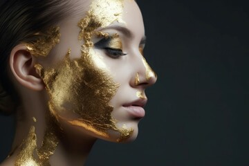 Lady with golden makeup on facial skin. Female model with glowing gold painted face. Generate ai