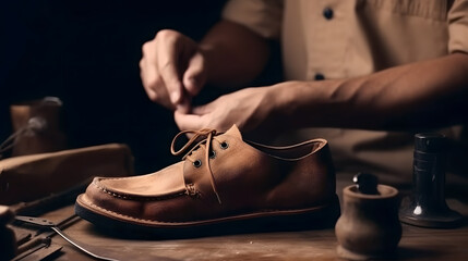 Shoemaker performs shoes in studio craft, workplace of craftsman for restoration shoe grain leather - obrazy, fototapety, plakaty