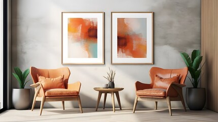 two orange chairs in a living room with a set of orange framed artwork, in the style of digital mixed media, light crimson and light aquamarine, textured abstracts