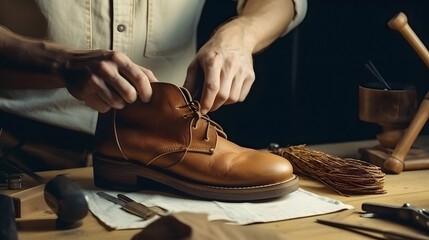 Craftsman make shoe from grain leather on workplace. Shoemaker performs shoes in studio craft