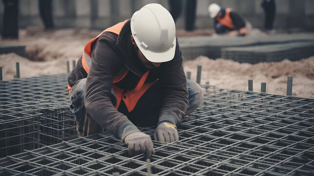 Worker prepares reinforcement for foundation. Concrete pouring during commercial concreting floors of building