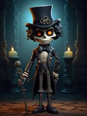 A cartoon character design of a spooky skeleton with a black top hat, a bow tie, and a cane. AI Generative