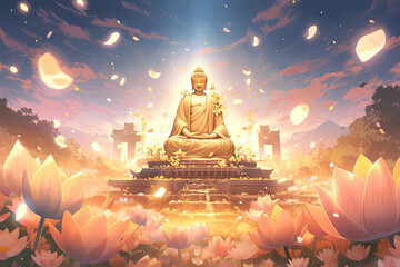 golden glowing buddha and big lotus - obrazy, fototapety, plakaty