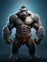 A cartoon character design of a strong gorilla with a muscular body. AI Generative