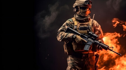 Military soldier dressed in uniform with rifle against flame fire, black background. Generation AI.