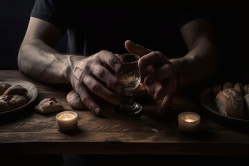 Male hands with glass on table at last religious supper. Bible spiritual moment Jesus with twelve apostles. Generate ai