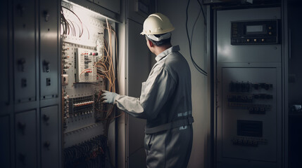Man electrician works in a switchboard with an electrical connecting cable, dark background. Generation AI