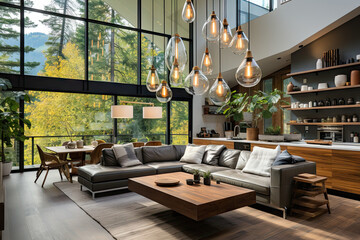 a modern living room with wood flooring and lots of light bulbs hanging from the ceiling over the kitchen area