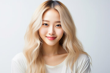 Beautiful blonde asian female model with perfect clean skin smiling in the camera on clean white background in the studio
