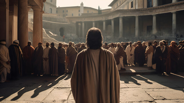 Rear view Jesus preaches to people on streets of Rome. Concept of spread of Christianity