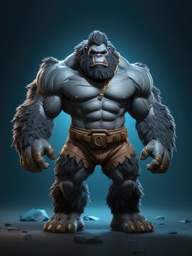 A cartoon character design of a strong gorilla with a muscular body. AI Generative