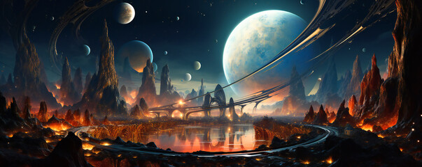 Strange alien planet landscape with giant moons or spheres floating above it