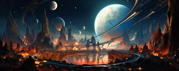 Foto op Plexiglas Strange alien planet landscape with giant moons or spheres floating above it © Adrian Grosu