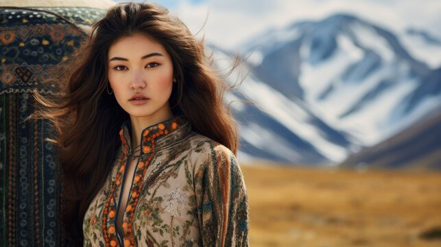 Beautiful young woman from kyrgyzstan in traditional clothes in front of kyrgyzsian yurt and mountains