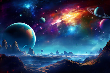 Naklejka na ściany i meble Cosmic scene with planets and galaxies in background