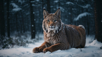 Obraz premium Bellissima lince in una foresta innevata in invero durante una nevicata