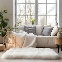 sofa in winter winter white wall with plant in front of window, in the style of earth tone color palette, solarizing master, monochromatic palettes, rug, soft edges, light gray and black