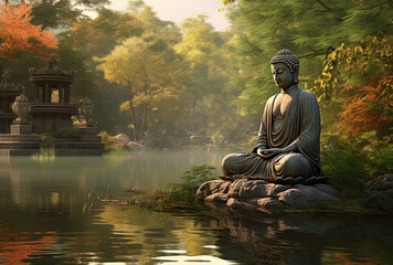 Buddha statue on nature background - obrazy, fototapety, plakaty