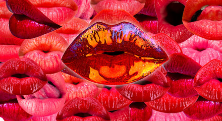 Creative art design with sensual lips. Abstract lip artwork. Lips, female mouth texture pattern. Red lip.
