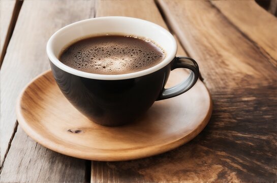 Close-up of a cup of coffee on a rustic wooden table.Created with generative AI